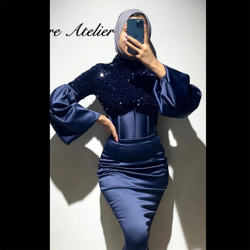 

Dark Navy Blue Dubai Muslim Evening Dress Long Sleeves Turkey Beaded Party Dresses Mermaid Formal Gown robe de soirée femme