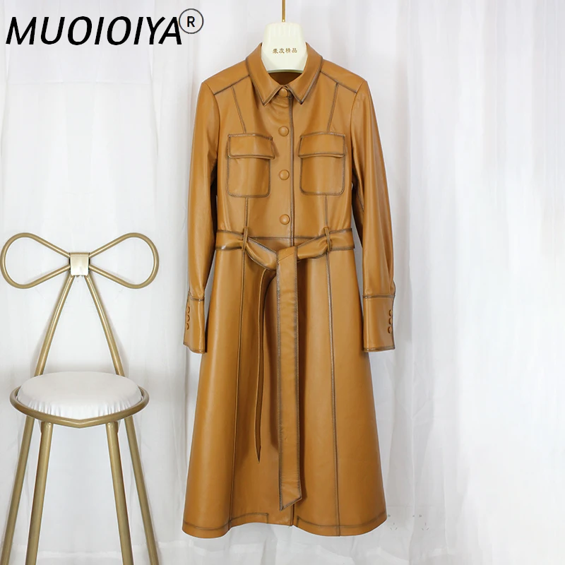 

Vintage Long Genuine Leather Jacket Women Natural Real Sheepskin Trench Coat 2021 Autumn Winter Windbreaker Outerwear Coat Dress