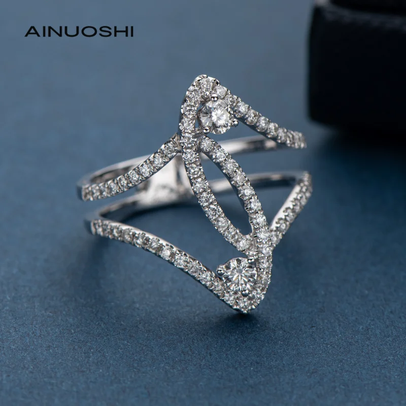 

AINUOSHI Interlocking Ring For Women 100% Natural Diamond 0.17ct Certified Diamond 18K White Gold Lines Finger Two-stone Ring
