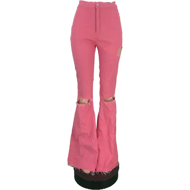 Узкие рваные джинсы с завышенной талией женские расклешенные брюки модные из