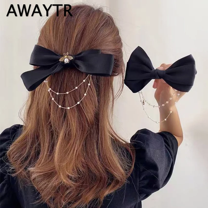 

Женские заколки для волос AWAYTR, элегантные Винтажные заколки для волос с бантом и жемчужной цепочкой, модные аксессуары для волос