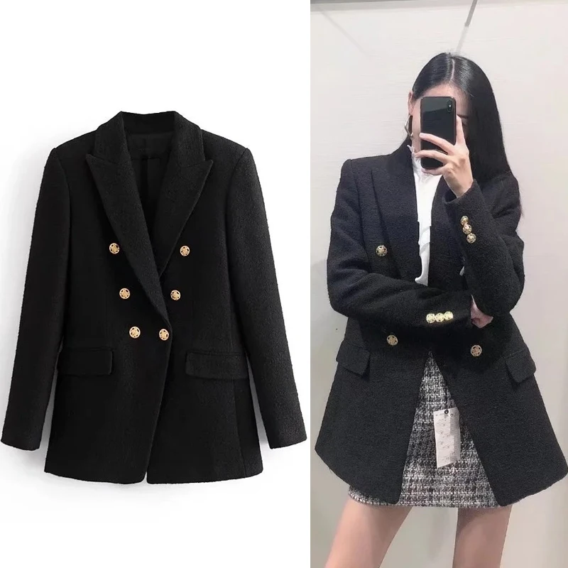 Женский твидовый блейзер с длинным рукавом на пуговицах |