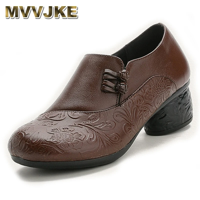 

MVVJKE Spring Autumn National Style Women Pumps Flower Printing Round Toe Genuine Leather Women Chunky Heel Shoes Plus Size 41