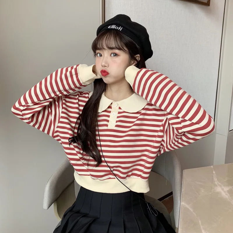 Женские толстовки в Корейском стиле Ins Chic Ulzzang, свободная полосатая Толстовка в духе колледжа, Женский винтажный милый Свитшот Kawaii для женщин