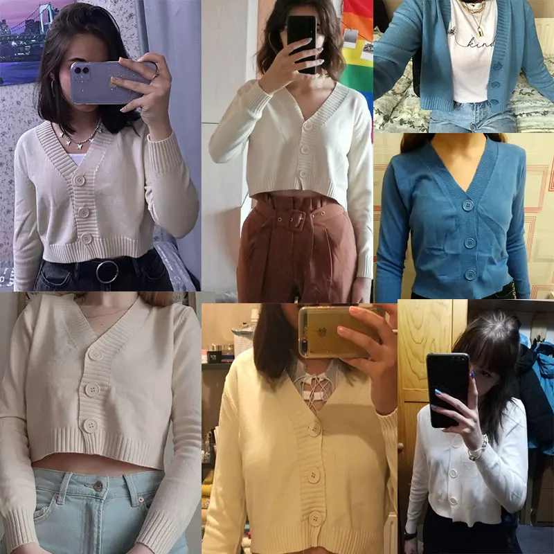 Винтажный Укороченный кардиган с длинным рукавом вязаный свитер в Корейском