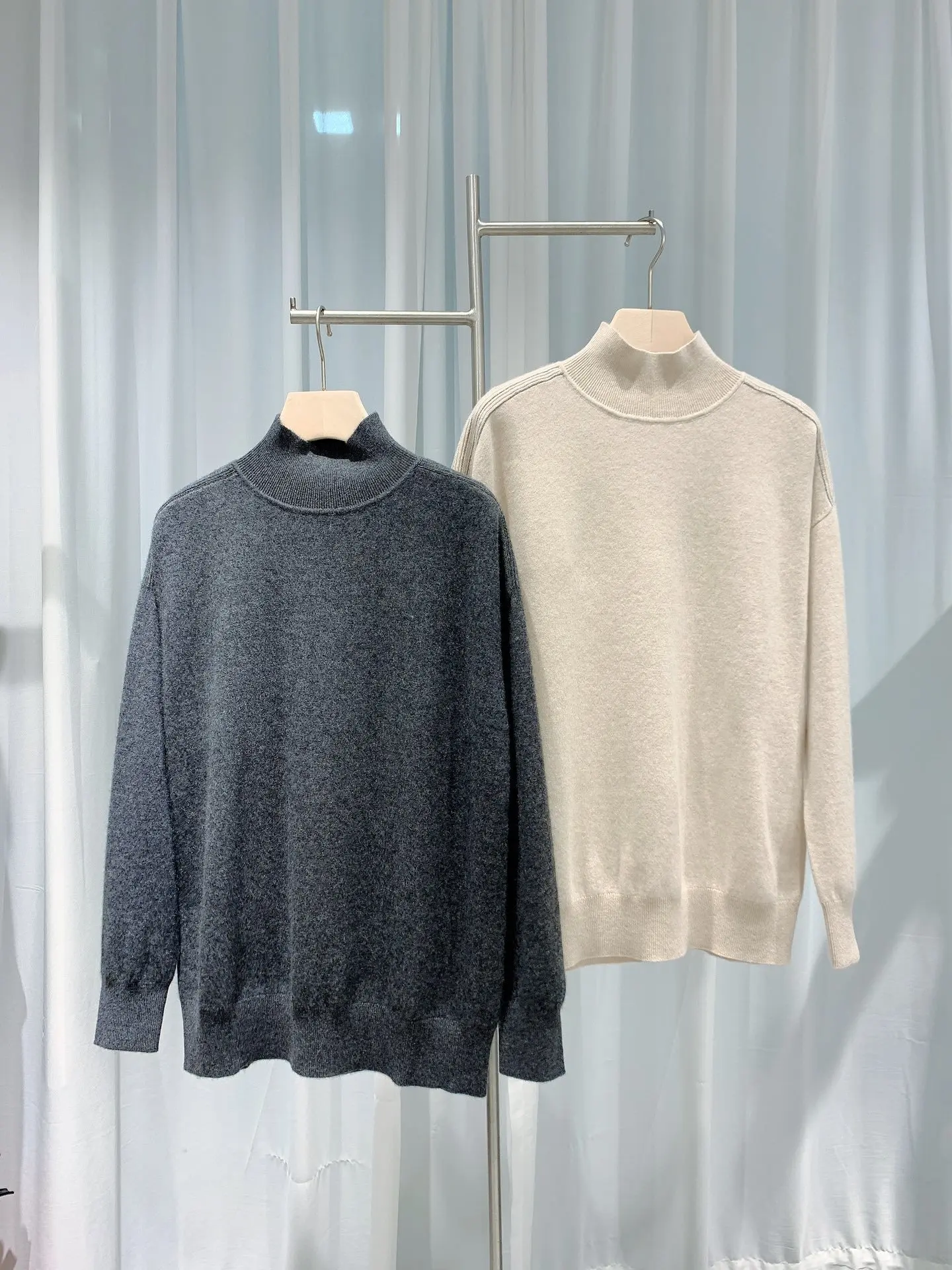 

new ladies 2021 fashion long sleeve sexy casual solid color mid-high neck side beaded cashmere sweater 1126