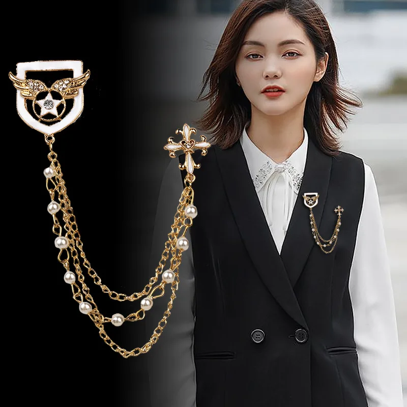 

Korean British Style Crown Bird Brooch Cross Suit Tassel Chain Lapel Pin Angle Wings Badge Retro Female Corsage Men Accessories
