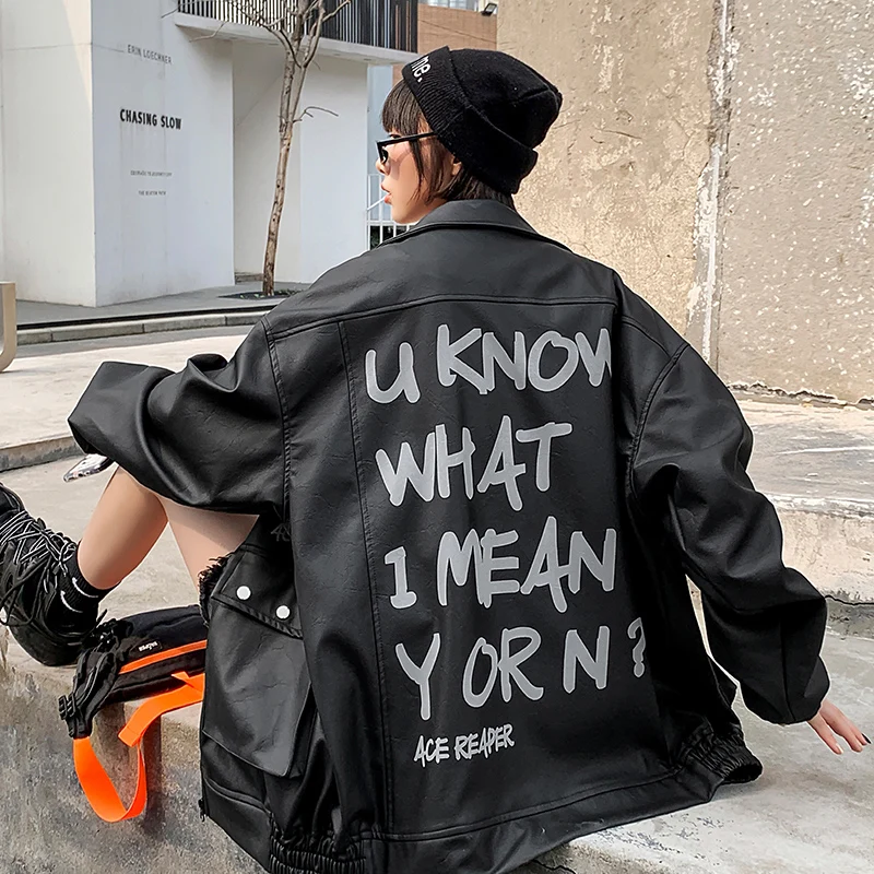 

Una Reta Pu Leather Men's Jackets New Autumn Zipper Letter Print Leather Jacket Men Plus Size Hip Hop Couple Jacket
