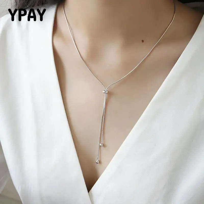 

YPAY 100% Genuine 925 Sterling Silver Snake Chain Choker Necklaces For Women Beads Adjustable Necklace Simple Jewelry YMN004