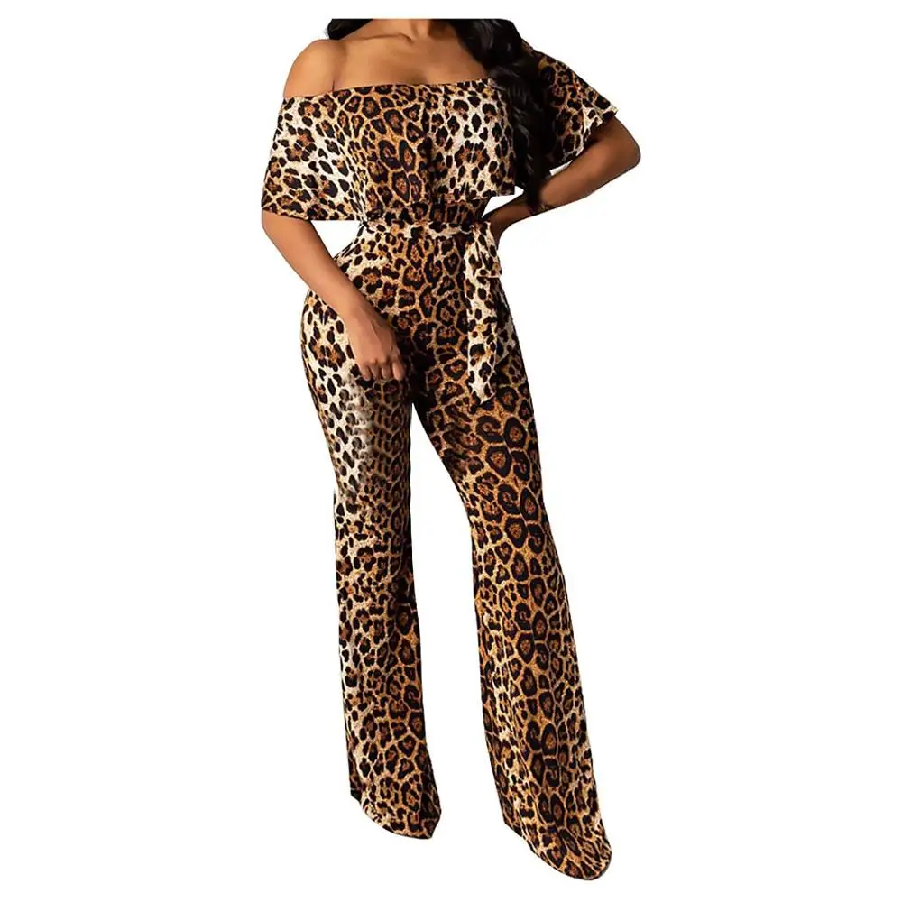 Женский леопардовый комбинезон с открытыми плечами и коротким рукавом |