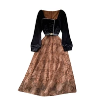 new autumn women gold velvet patchwork dresses elegant short sleeve lace jacquard a line black slim dresses