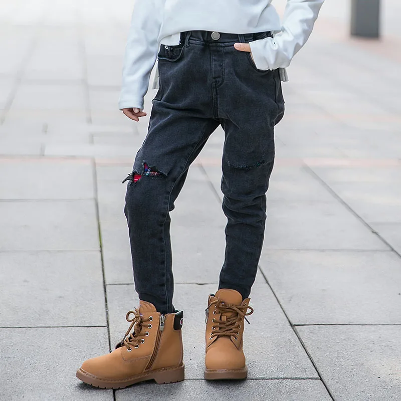 

Fleece Broken Hole Jeans Pants For Kids Winter Denim Trousers Clothing Children Mid Waist Pencil Pants Teenage Girls Bottoms