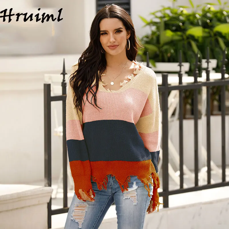 

Sweater Women Long Sleeve Lazy Wind Colorful Patchwork Woman Sweaters Loose Elegant Sweater For Women v-Neck Knit Sweter Damski