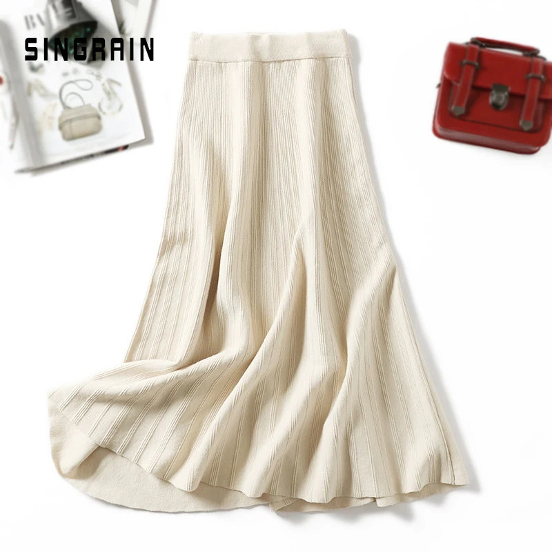 SINGRAIN женская юбка трикотажная теплый свитер полоску юбки черная шерсть|Женские