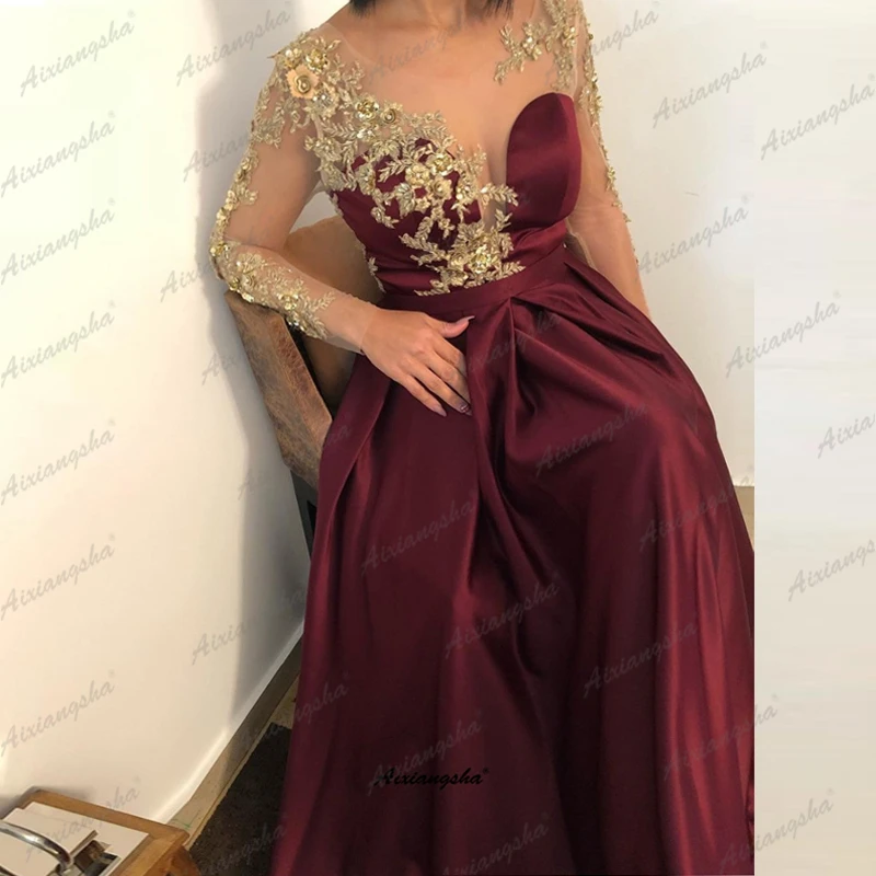 Роскошные красные вечерние платья с длинным рукавом Золотая аппликация вечернее