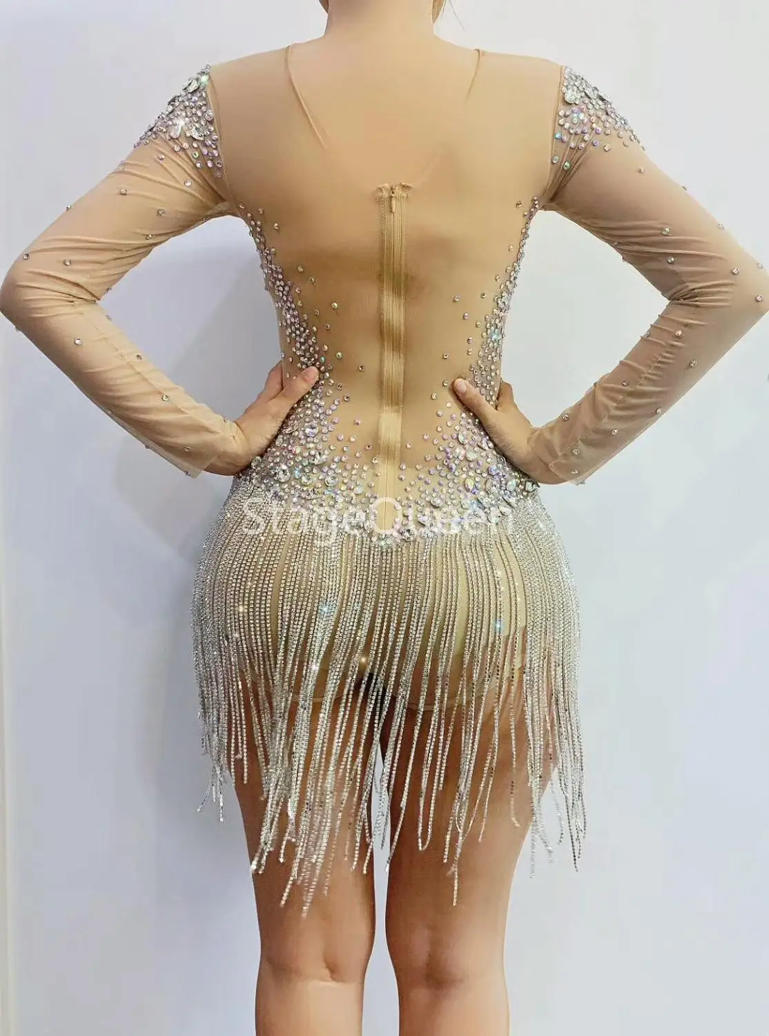 Verkaufen Quaste Silber Strass Nude Kleid Sexy Frauen Dance Kostüme Sänger DJ DS Beyonce Dancewear Pole Dance Bar Gogo Tänzerin Outfits