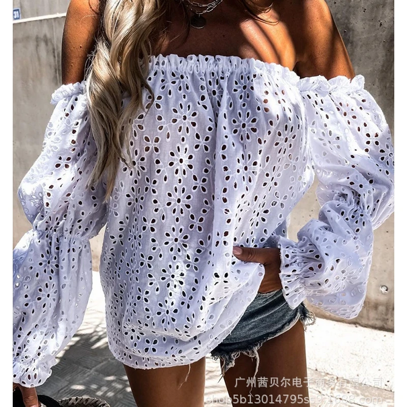 

Модная рубашка Mandylandy, топы, Клубная одежда, сексуальная белая ажурная блузка с открытыми плечами, женская летняя блузка с длинным рукавом и ...