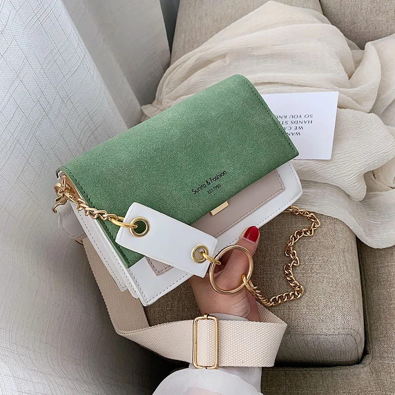 

Fashion Women Chain Shoulder Bag PU Leather Female Wide Strap Crossbody Bags Color Contrast Small Messenger Bag Cute Lady Purse