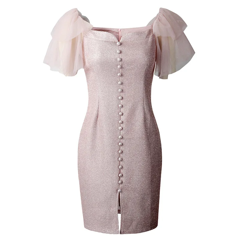 

Fashion Summer Dress Women Sexy Slash Neck Ruffles Sleeve Glittering Short Mini Dresses Party Single Breasted Buttons Robe Pink