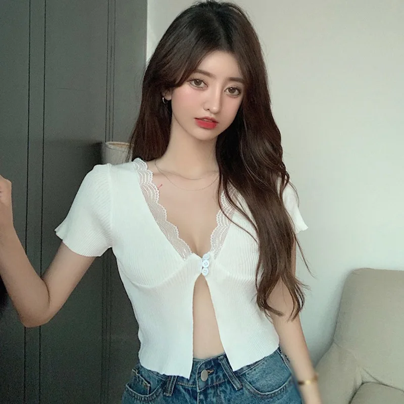 

Women Casual T-Shirts Knitted Short Sleeve Crop Tops Ladies V-Neck Tops Cardigan Summer Tees Tops