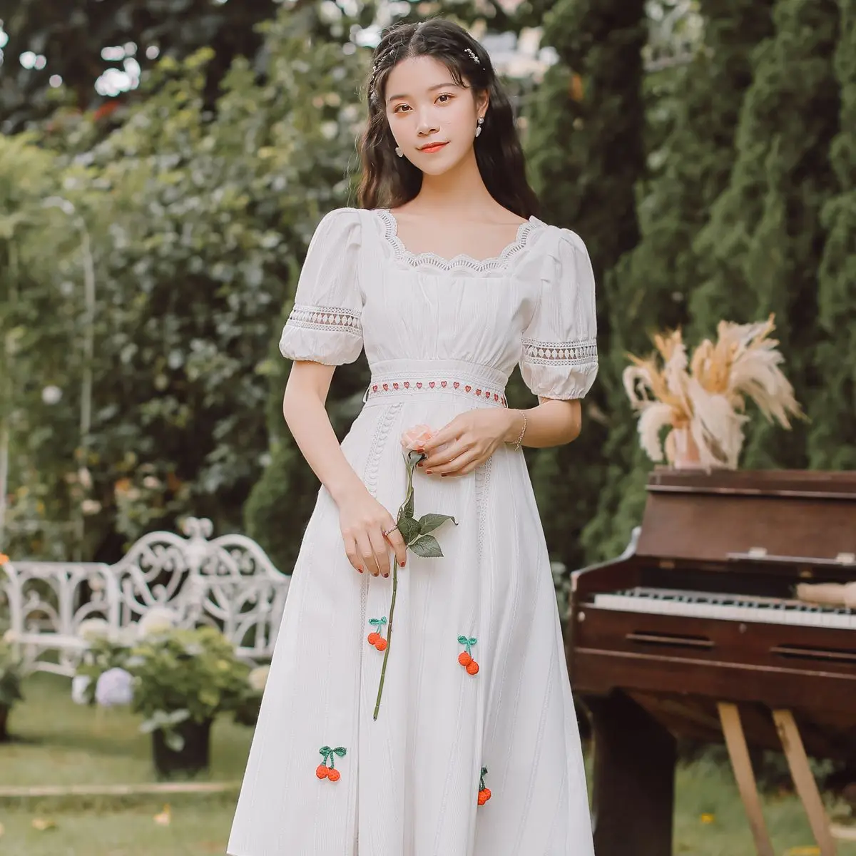 

COIGARSAM French Style Women dress Vintage Square Collar Dresses White 2602