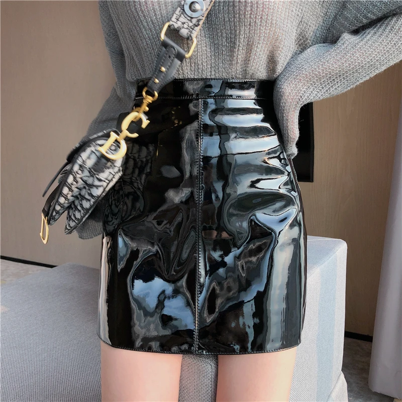 

2021 New Spring Summer Solid Color Shiny Leather Skirt Women Korean High Waist A Line Mini Female Skirts
