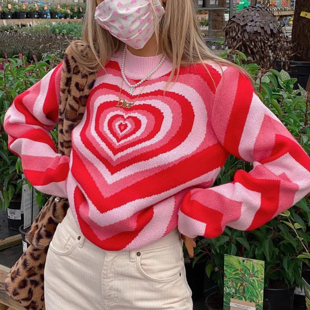 

Y2k Knitted Sweater Streetwear Aesthetics Heart Striped Pullovers Girls Sweet Long Sleeve Turtleneck Jumper Autumn Clothing