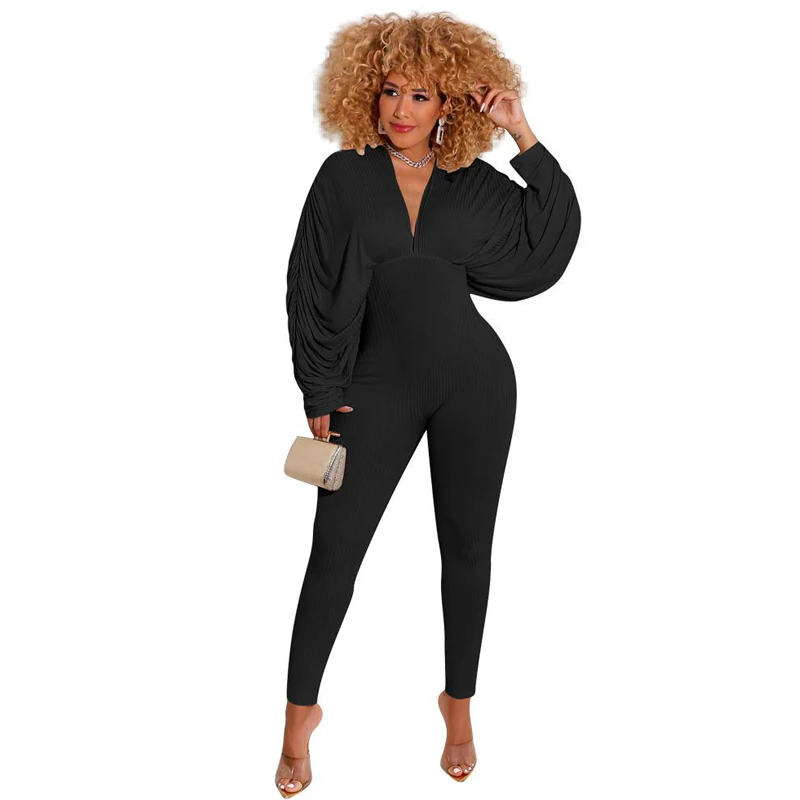 

Autumn and Winter Casual Fashion Sexy Temperament Open Back Tie New High Elastic Tight Fitting Solid Color Bat Sleeve Jumpsuit