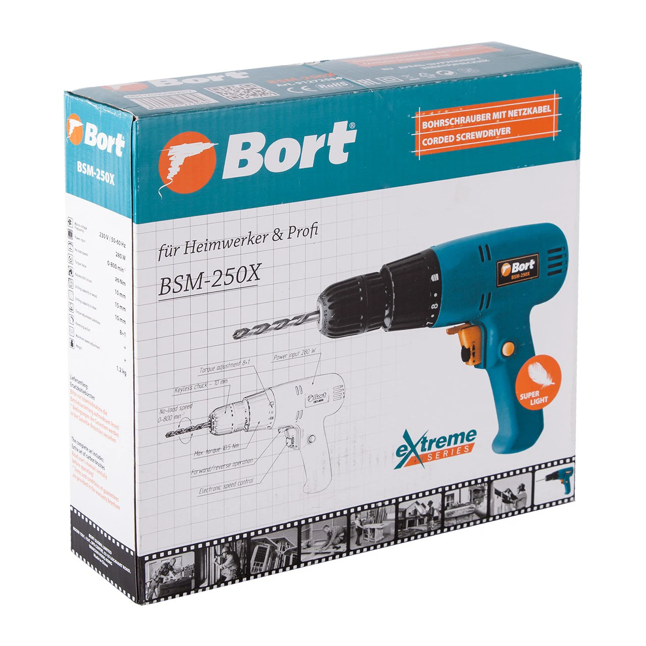 Дрель шуруповерт электрический Bort BSM 250X (Мощность 280 Вт скорость вращения 0 800