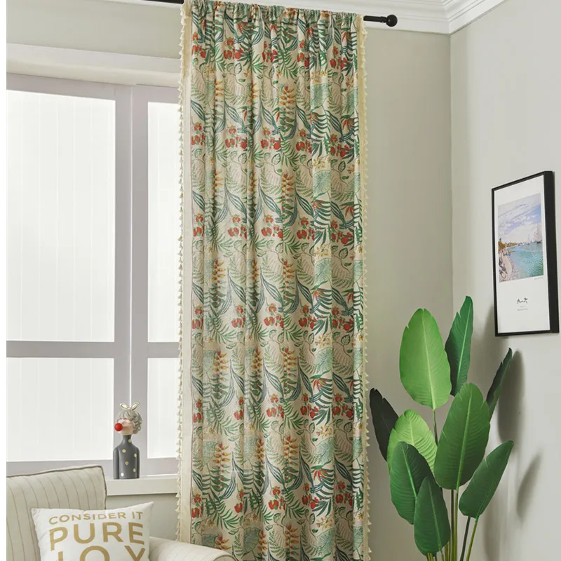 

Cotton Linen Tassel Curtain Plant Prints Country Style Window Hanging Blackout Curtains for Bedroom Easy Drape Dector for Window