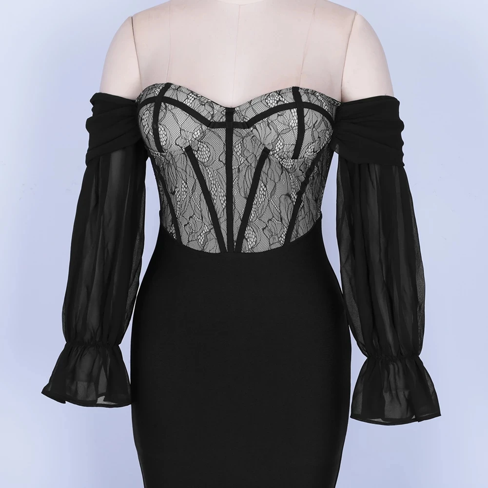 

2021 Lace Bodycon Dress Off Shoulder Patchwork 2 Layer Backless Zip Long Sleeve Mini Black Dress Woman Summer Party Vestidos 138