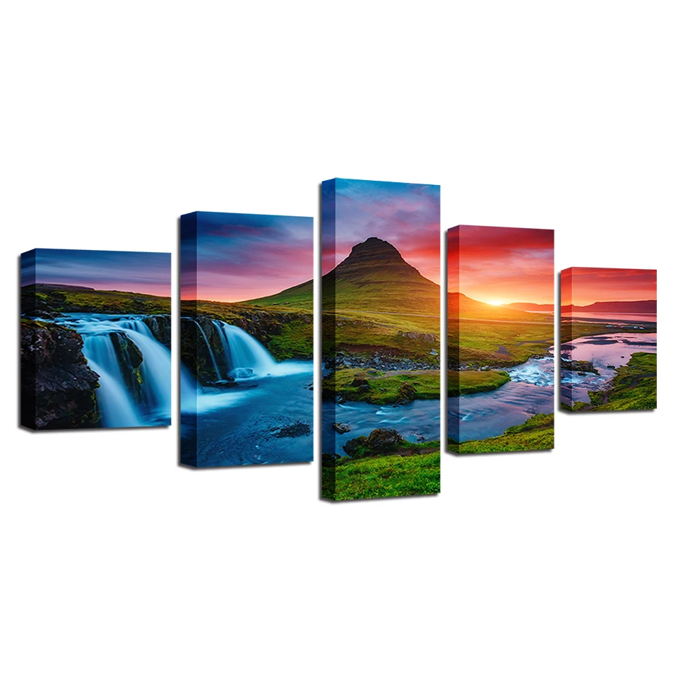 

Wall Art Canvas Prints Pictures 5 Pieces Beautiful Iceland Waterfall Paintings Green Mountain River Landscape Posters Home Decor