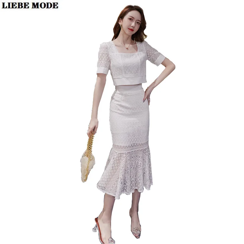 

Женский летний костюм, привлекательный кружевной ажурный комплект из двух предметов, Женская длинная юбка и короткий топ с коротким рукаво...