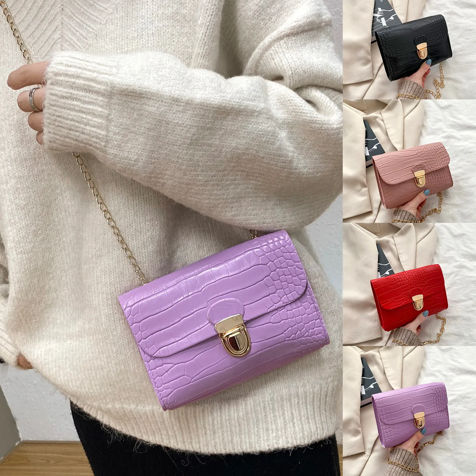 

Ladies Mini Handbag Retro PU Leather Shoulder Bags for Women 2021 Chain Small Square Bag Casual Crossbody Messenger Lock Bag Sac