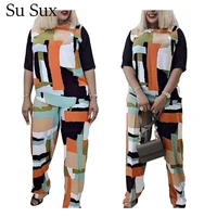 geometry print two piece set women outfits african clothes casual short sleeve topwide leg pants set tracksuit streetwear 2020