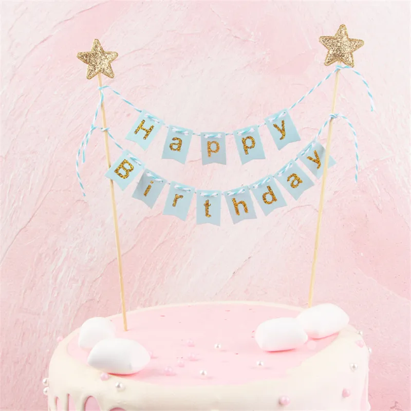 blue 1pcs Cakelove Розовый Синий Черный С Днем Рождения Торт баннер флаги блестящие звезды Топпер для торта «С Днем Рождения» торт украшения - Цвет: blue 1pcs