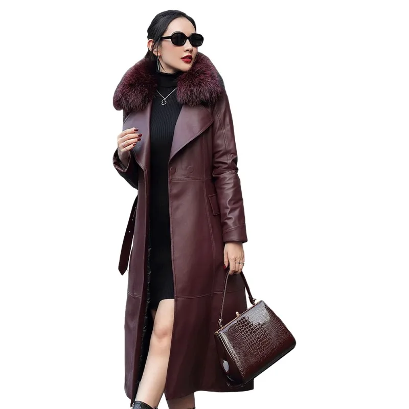 

Office Red Elegant Wine Ladies Sheepskin Coat Warm Luxury Fox Fur Collar Genuine Leather Down Jackets Fashion Female Overcoat