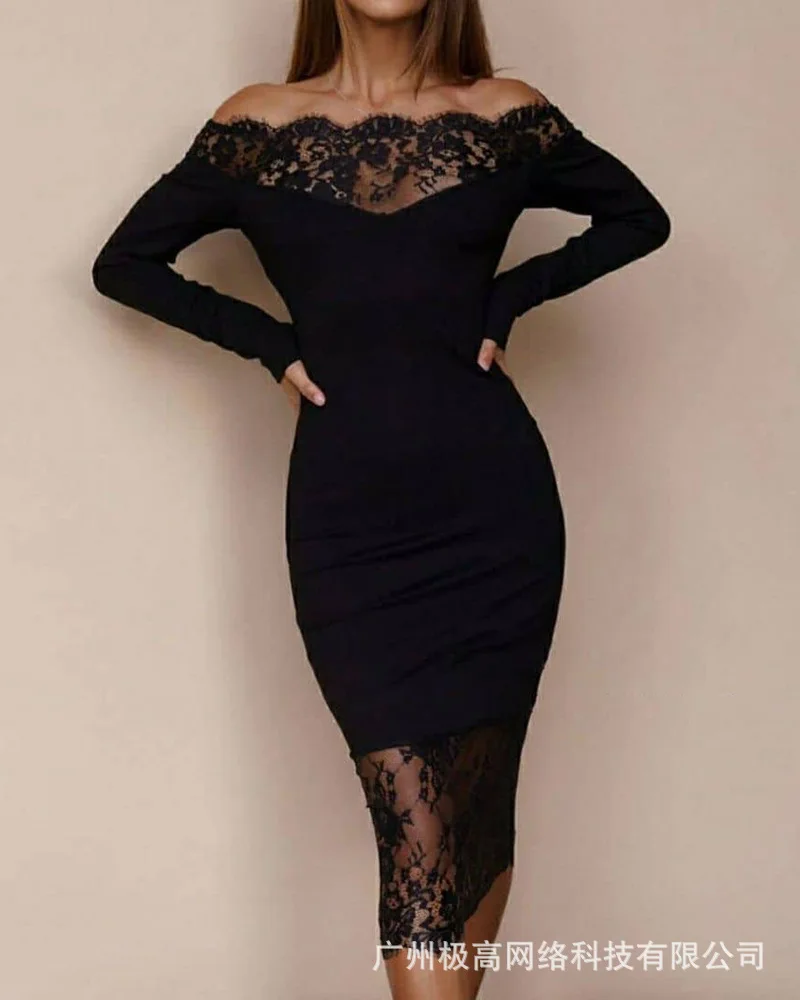 

Женское Кружевное облегающее платье с открытыми плечами и прострочкой, Новинка осени 2021