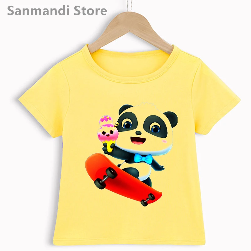 

Panda Roller Skating Ice Cream Cartoon Print Kids Clothes Girls/Boys Yellow Tshirt Funny Cool Children Clothing T Shirt Tops