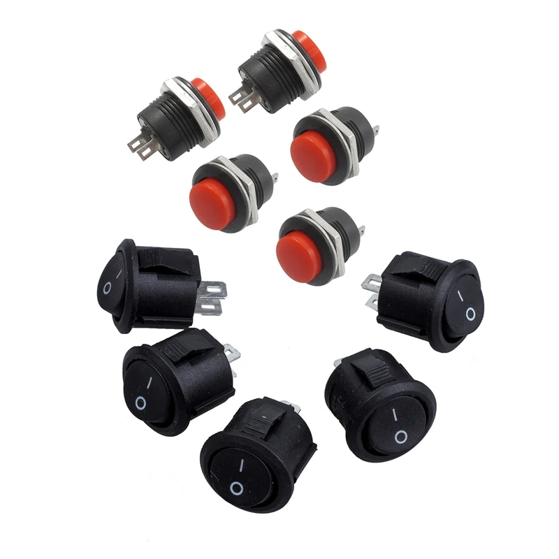 

New 5 Pcs Spst Black Button On/Off Round Rocker Switch Ac 6A/125V 3A/250V & 5 X Momentary Spst No Red