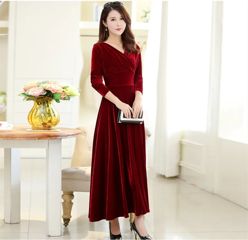 Женское вечернее бархатное платье макси Элегантное синее с V образным вырезом