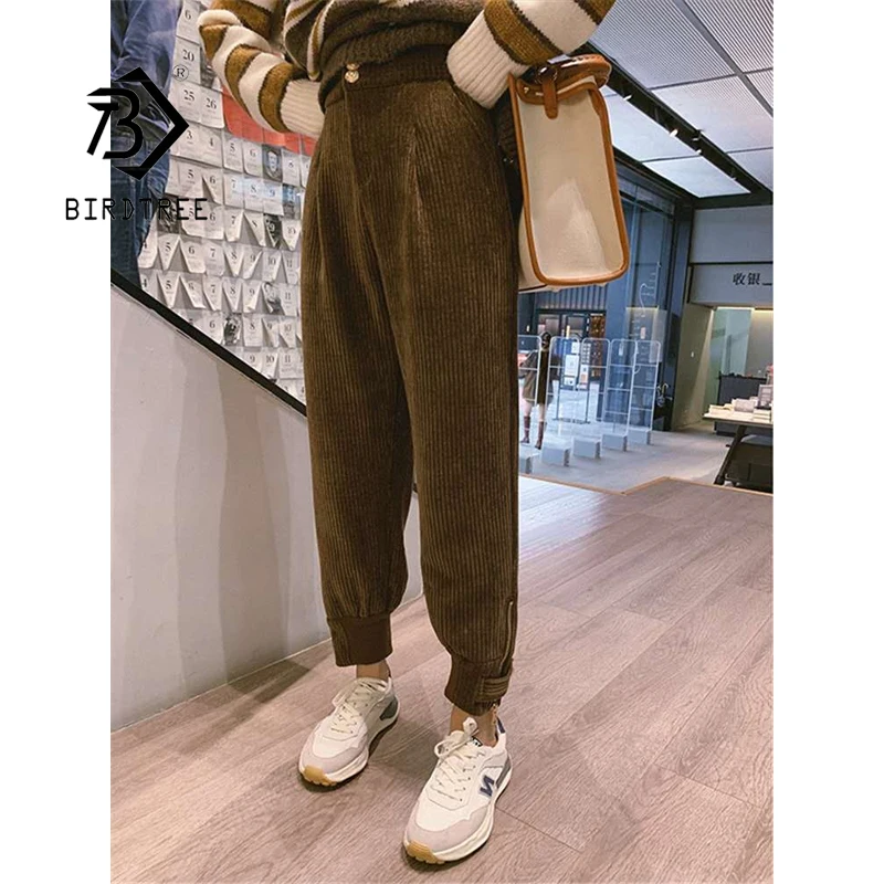 

Drawstring Corduroy Pants Women Retro Fall Plus Size High Waist Loose Solid Casual All-Match Straight Wide Leg Trousers B18496X