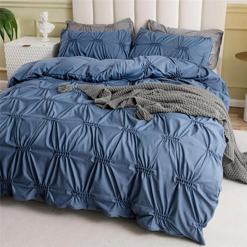 

Luxury Bedding Set Solid Color Pinch Pleat Flower For Bedroom Full Size Duvet Cover With Pillowcase Comfortable Double Bed Set