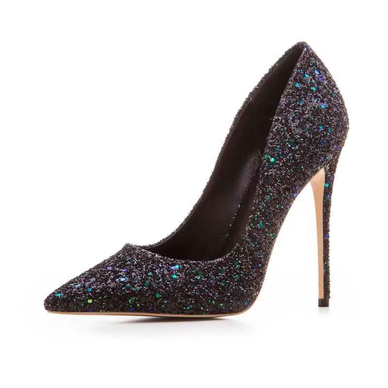 

thin heel pointed shallow pattern 12cm high-heeled women's color single shoes large