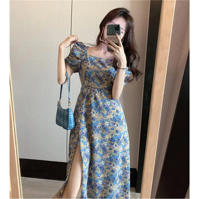 

Vintage Floral Dress Women 2021 Summer New Bubble Sleeve Square Neck Split Dress Street Shooting Beach Holiday Dress Elegant Hot