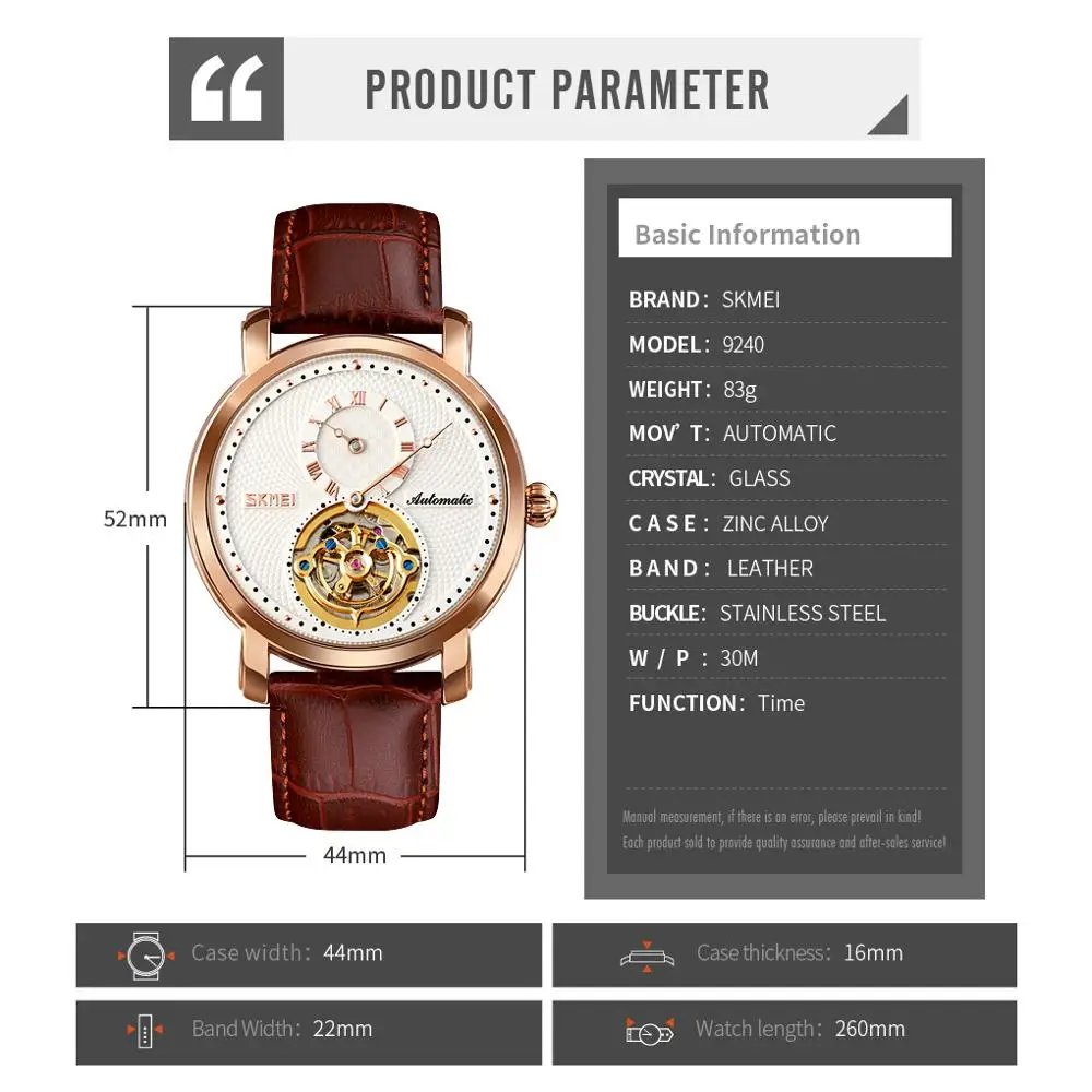 

SKMEI Fashion Business Automatic Men Watch Gyro Decoration Mens Mechanical Wristwatches Leather Strap Clock reloj hombre 9240