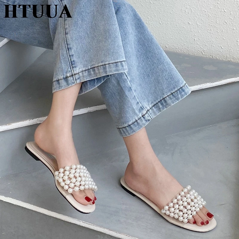 HTUUA/Новинка 2020 года Тапочки на плоской подошве из Жемчужной нить бусина Женские