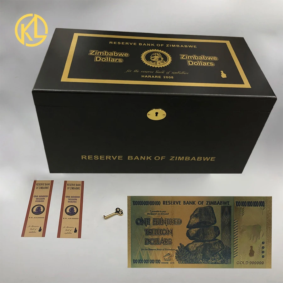 

1000pcs/1200pcs One Hundred Trillion Dollars Zimbabwe 24K Gold or Silver Banknote with UV Light and Box and collection gifts