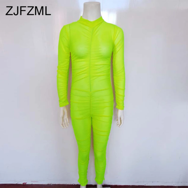 Прозрачная сетка комбинезон Для женщин с высоким плотно облегающим шею