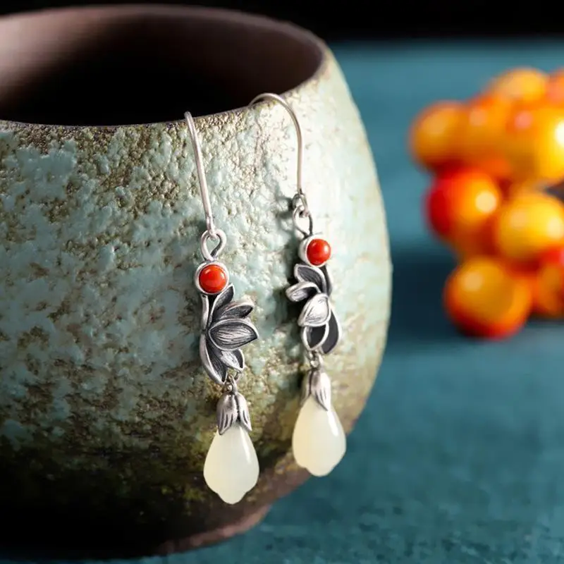 

Special Pure Silver Lotus Earrings Hetian Jade White Jade Earrings Magnolia Eardrops Long Slimming Ornament